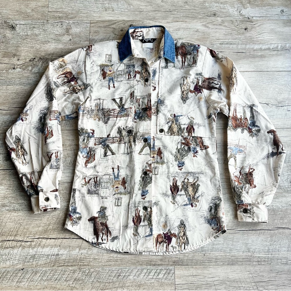 Vintage Roper Western Native Print Shirt with Denim Collar & Shoulder Pads Rare